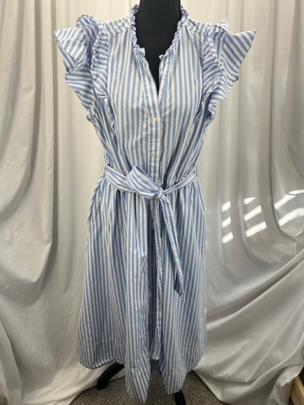 Blue White Striped Ruffle Sleeve Dress Size XL Cotton Old Money Coastal Pockets